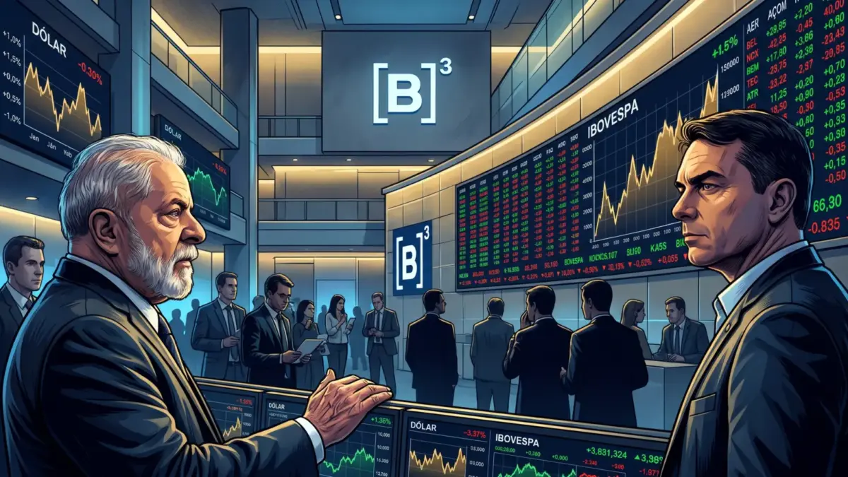 Painel de cotações financeiras com gráficos do dólar e da bolsa de valores diante de Lula e Flávio Bolsonaro.