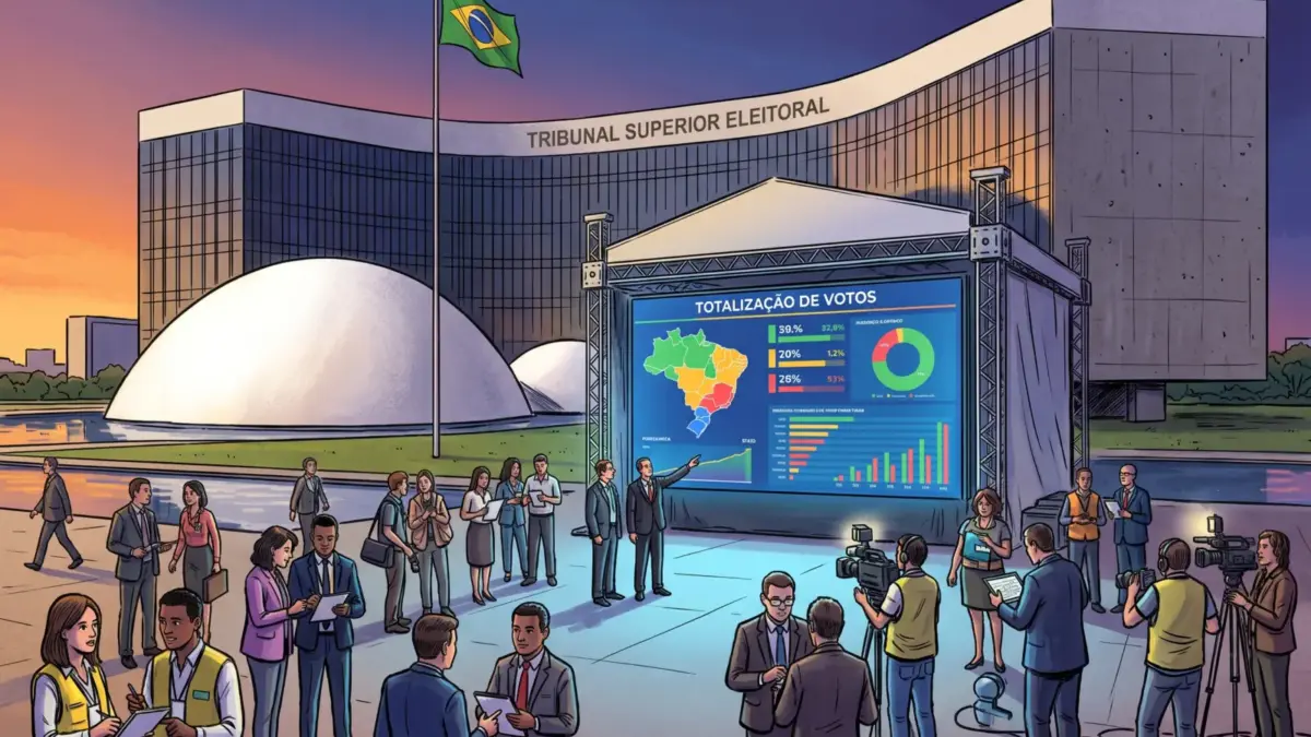 Ilustração do prédio do TSE em Brasília e painel digital com o acompanhamento da apuração de votos.