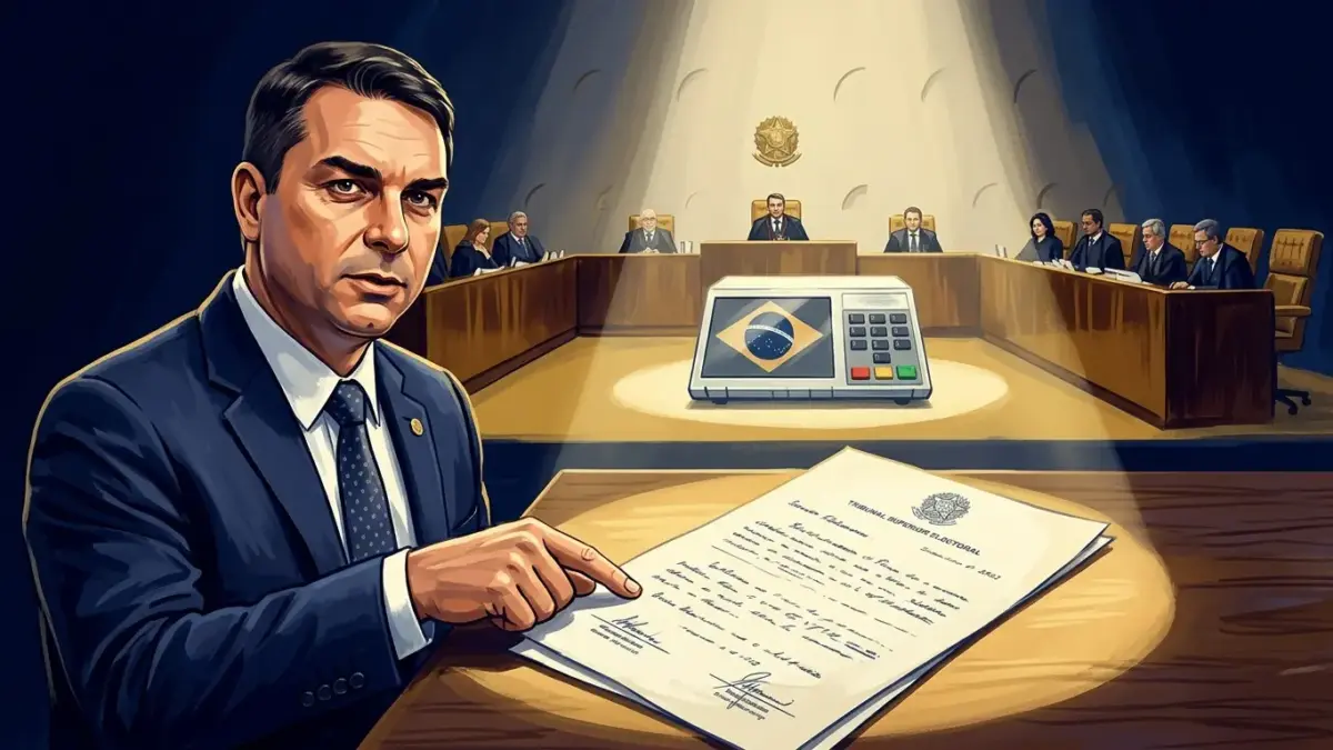 Ilustração de Flávio Bolsonaro apresentando petição de anulação das eleições diante do plenário do TSE.