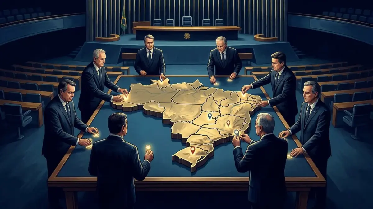 Ilustração de governadores ao redor de um mapa tridimensional do Brasil, representando a nova divisão dos estados.