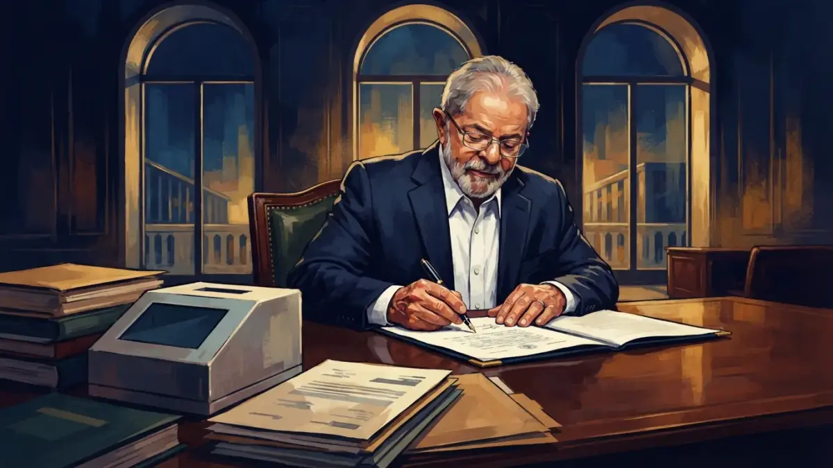 Ilustração de Luiz Inácio Lula da Silva sancionando lei do MEI no Palácio do Planalto.