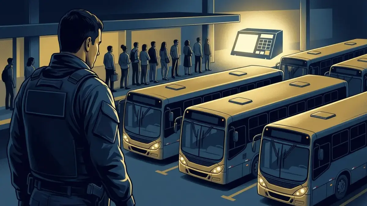 Agentes da PF investigam frota de ônibus parados em terminal de transporte durante o segundo turno das eleições.