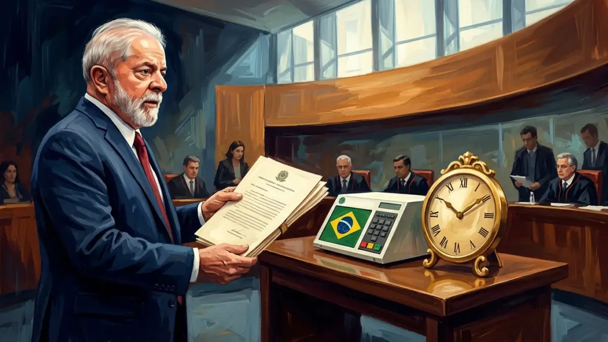 Lula apresenta petição ao TSE pedindo a prorrogação do horário de votação com urna eletrônica ao fundo.