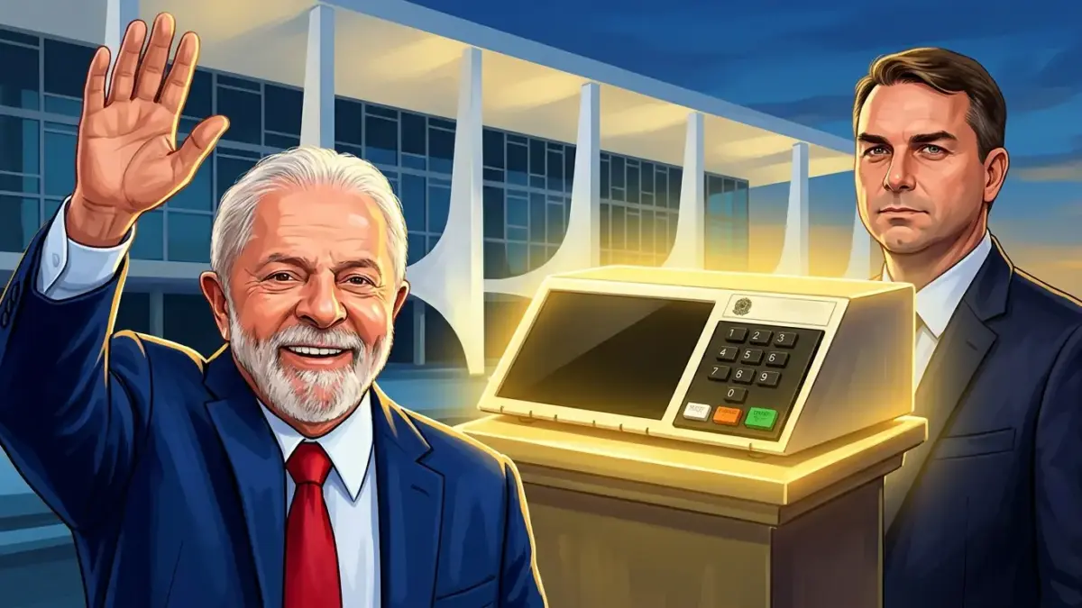 Ilustração de Luiz Inácio Lula da Silva reeleito presidente, com urna eletrônica ao centro e Flávio Bolsonaro.