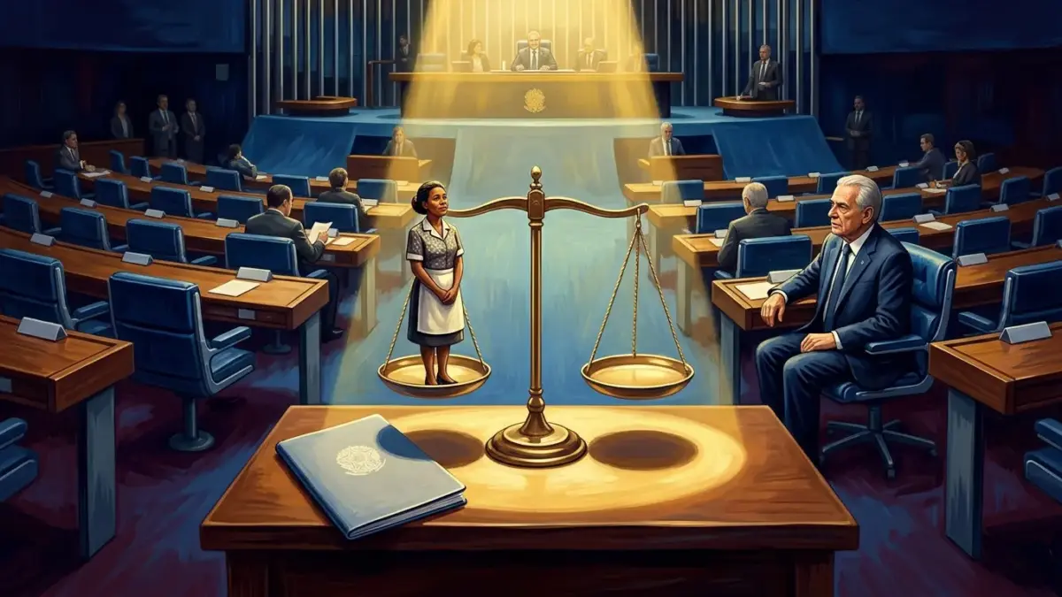 Ilustração do plenário do Senado analisando a igualdade no seguro-desemprego para trabalhadores domésticos.