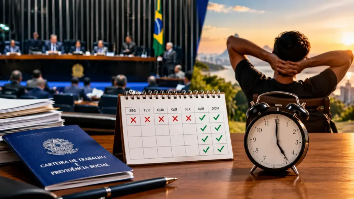 Ilustração jornalística sobre a aprovação do fim da escala 6x1 e a redução da jornada de trabalho no Senado Federal. Em primeiro plano, uma carteira de trabalho brasileira, um calendário semanal e um relógio representam a rotina profissional, enquanto, ao fundo, o plenário legislativo e um trabalhador relaxando diante do pôr do sol simbolizam o debate sobre direitos trabalhistas e mais tempo para descanso e lazer.