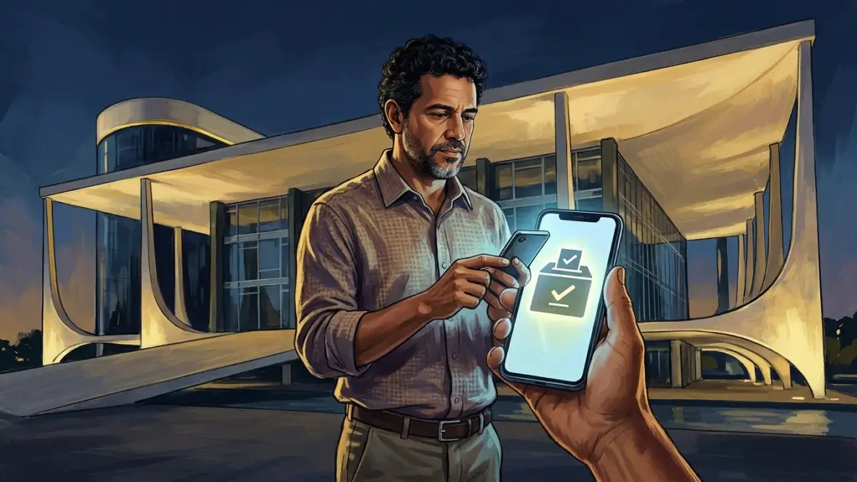 Eleitor consultando local de votação em smartphone com a fachada do TSE ao fundo, estilo ilustração editorial.